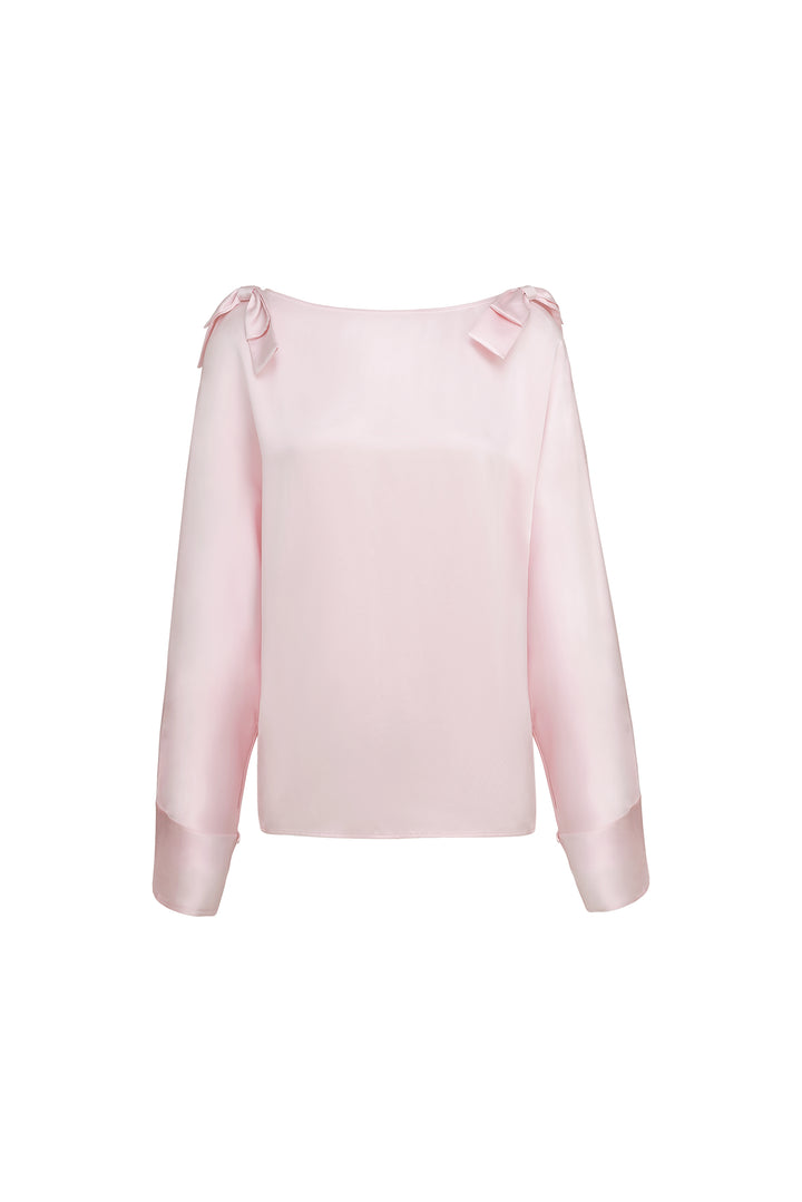 PAJA 25 Momme Silk Crepe Satin Bow Long-Sleeve Top