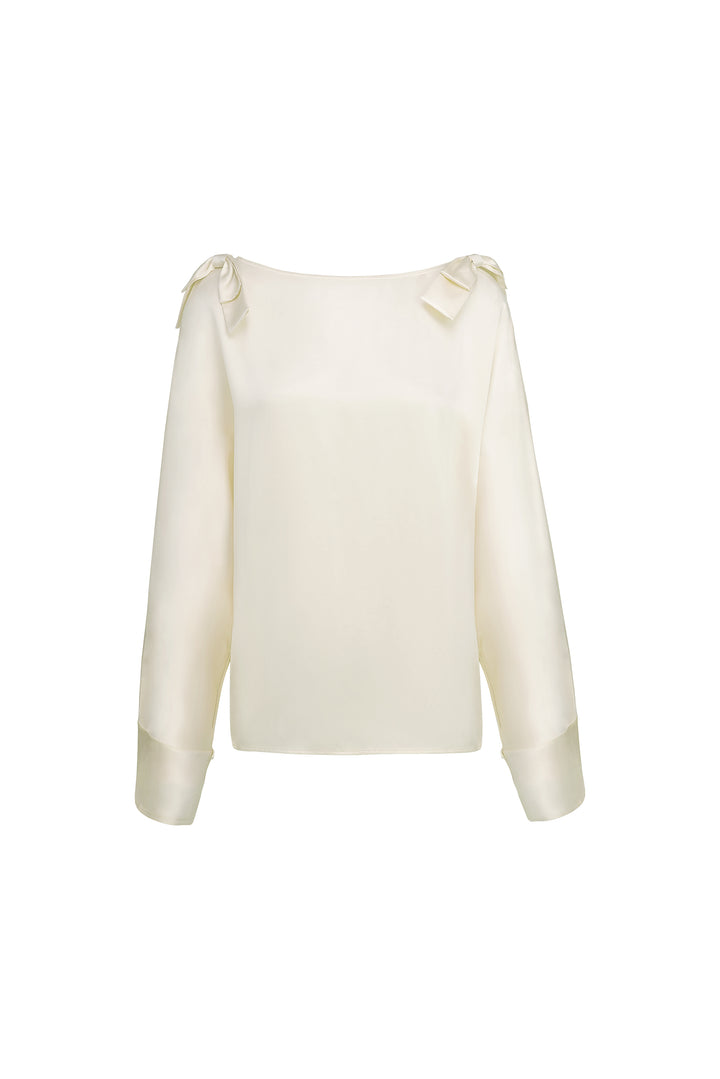 PAJA 25 Momme Silk Crepe Satin Bow Long-Sleeve Top