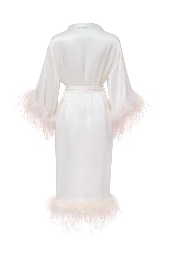 Bride-To-Be Edition | Silk Long Robe with Removable Feathers - Ivory