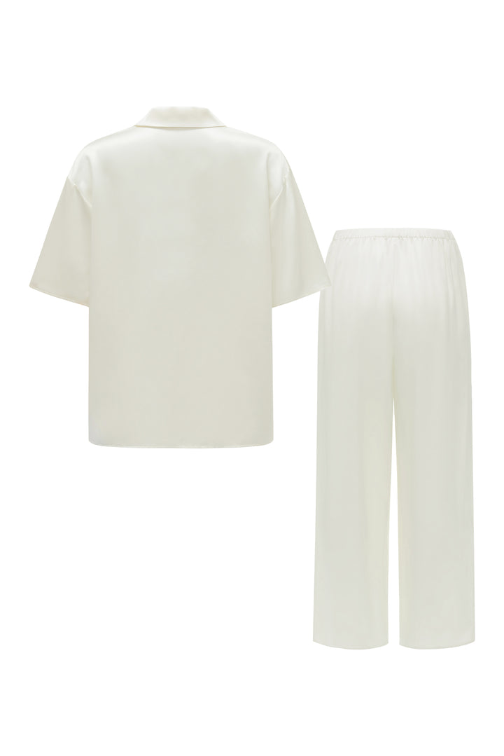PAJA Beaded Summer Escapes Silk Short Sleeve & Long Pants Set - White