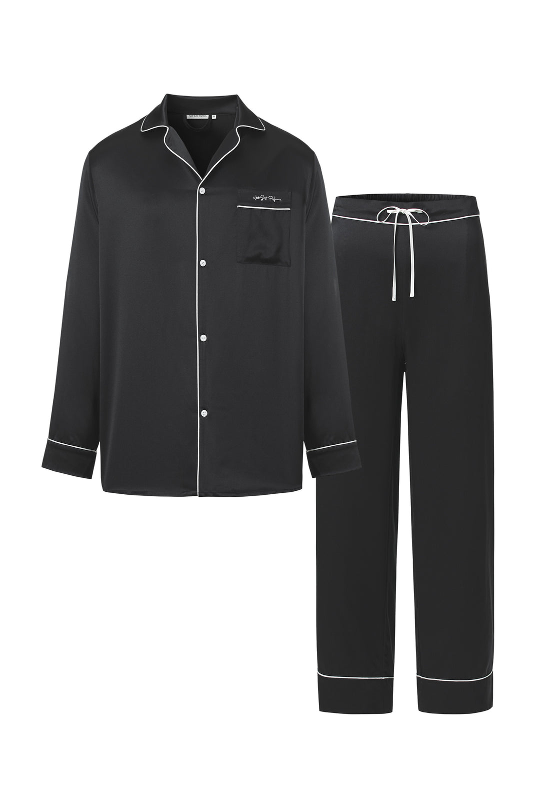 Black pajama set with white piping on a white background