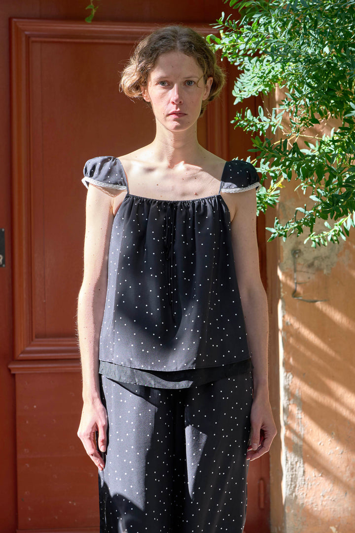 PAJA Out After Brunch Mulberry Silk Ruffle Sleeve Drawstring Top