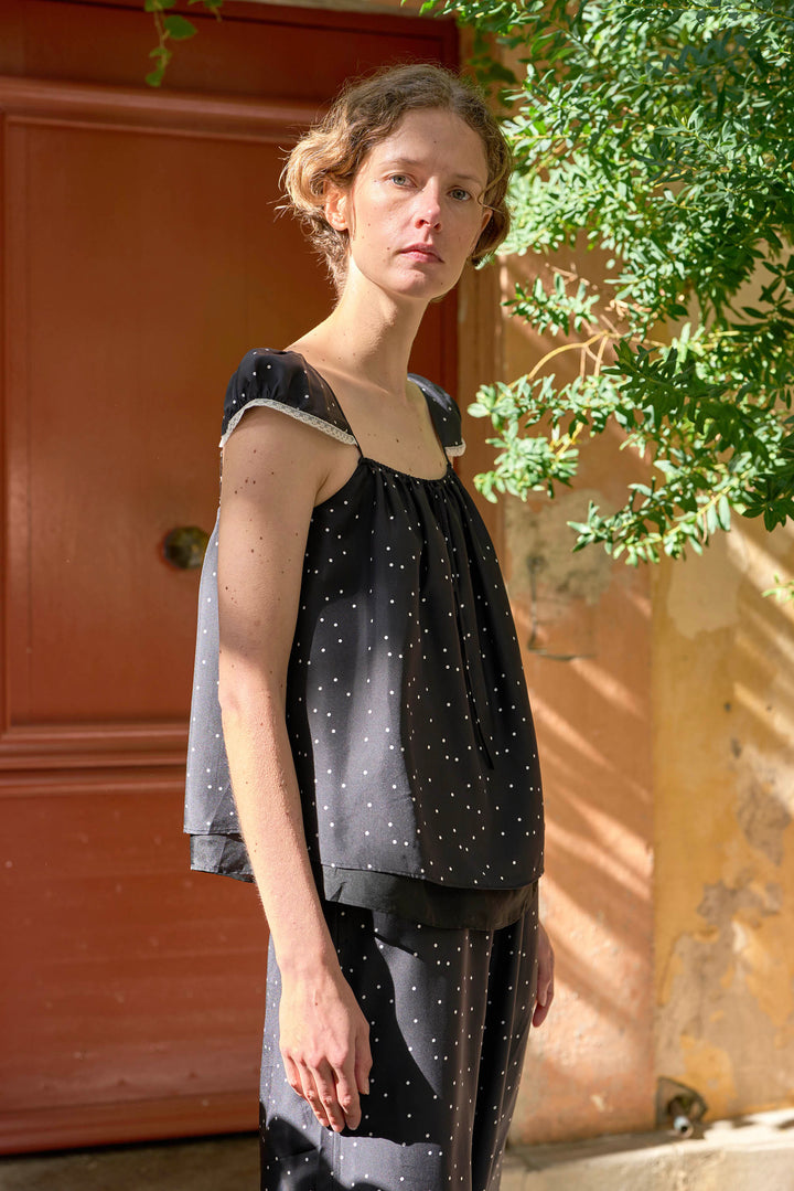 PAJA Out After Brunch Mulberry Silk Ruffle Sleeve Drawstring Top