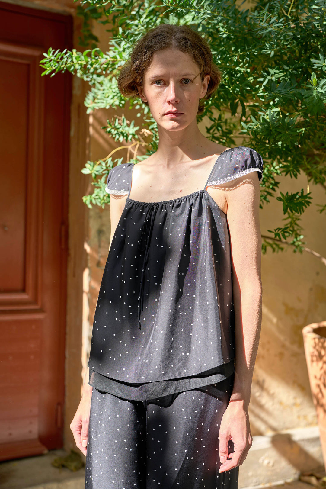 PAJA Out After Brunch Mulberry Silk Ruffle Sleeve Drawstring Top