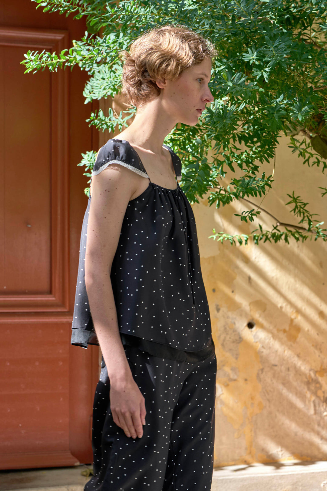 PAJA Out After Brunch Mulberry Silk Ruffle Sleeve Drawstring Top