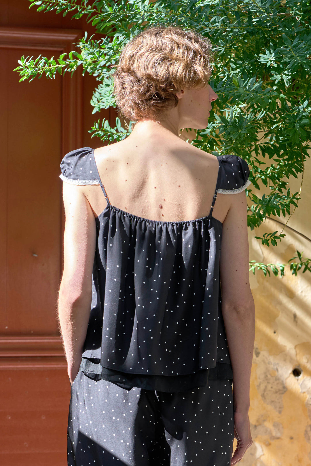 PAJA Out After Brunch Mulberry Silk Ruffle Sleeve Drawstring Top