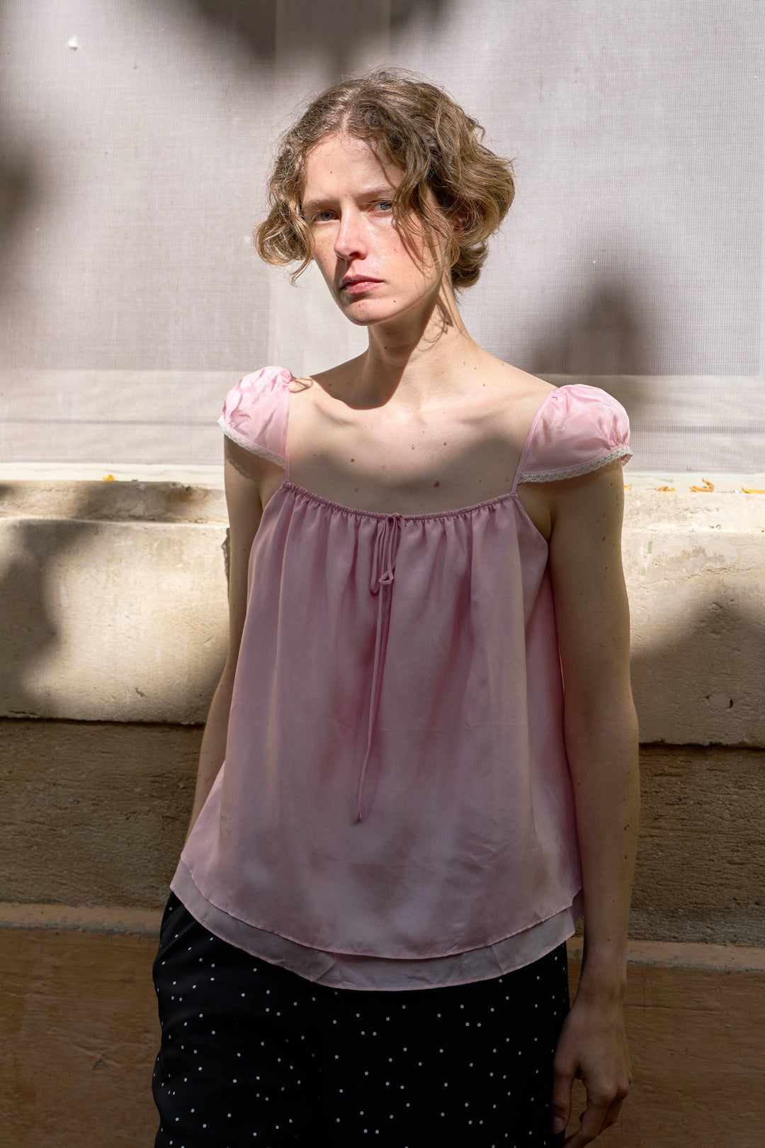 PAJA Out After Brunch Mulberry Silk Ruffle Sleeve Drawstring Top