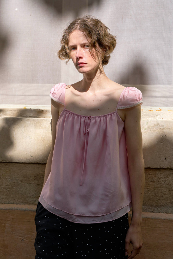 PAJA Out After Brunch Mulberry Silk Ruffle Sleeve Drawstring Top