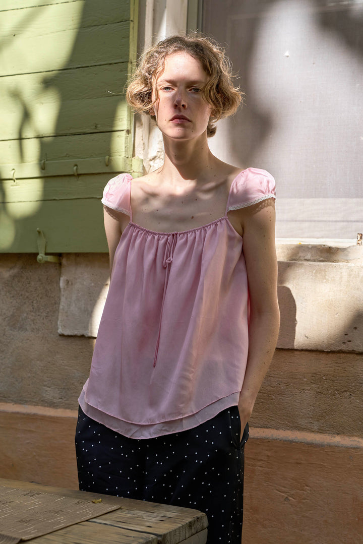 PAJA Out After Brunch Mulberry Silk Ruffle Sleeve Drawstring Top