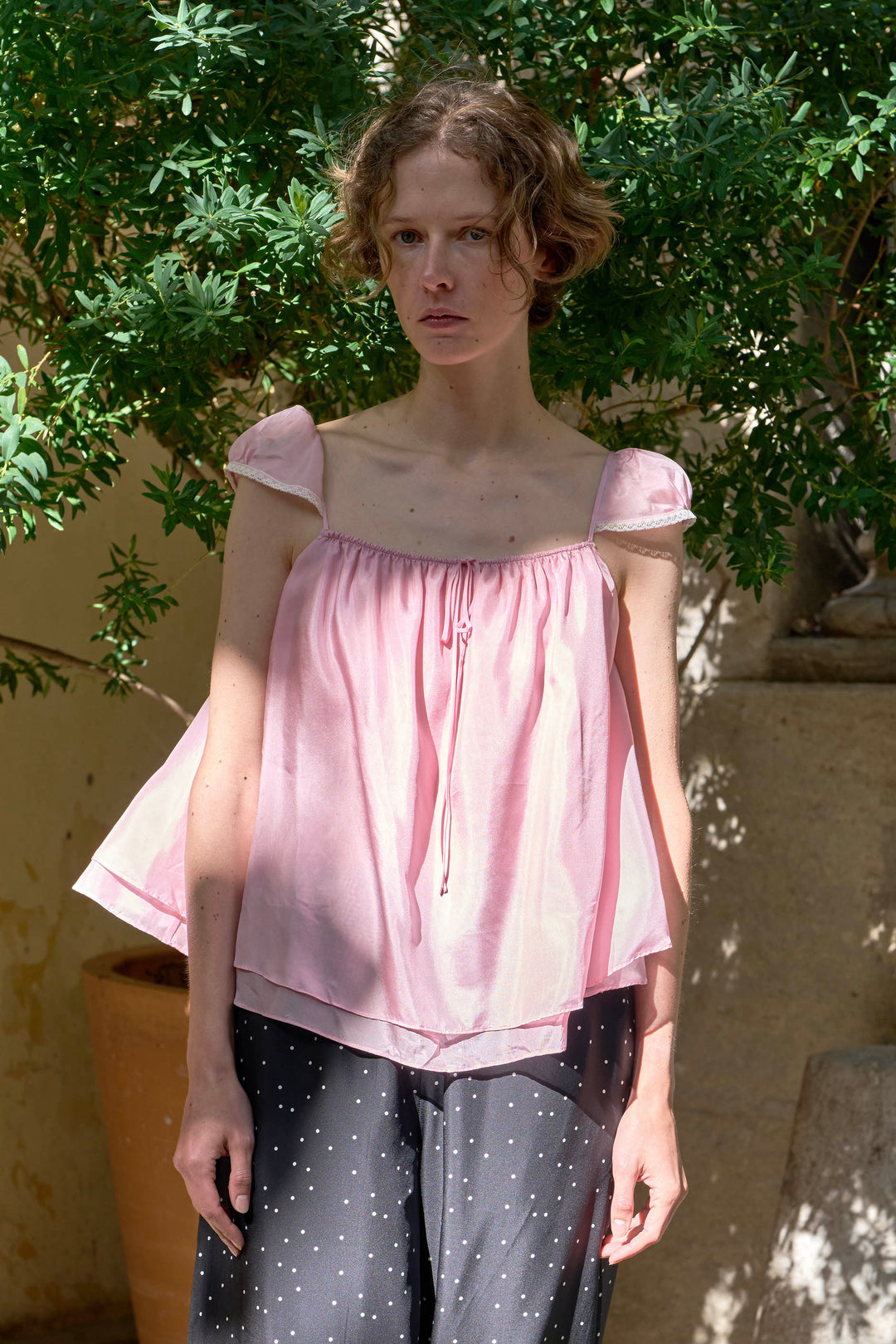PAJA Out After Brunch Mulberry Silk Ruffle Sleeve Drawstring Top