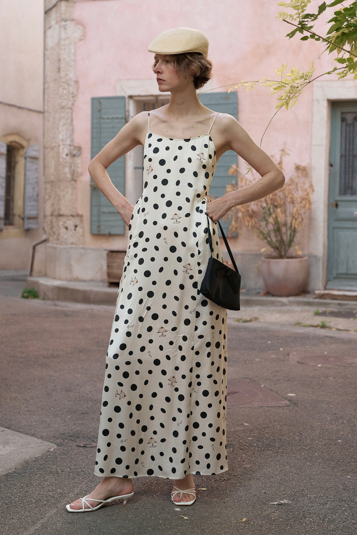Ivory Polka Dot Silk Camisole Maxi Dress | Vacation Ready