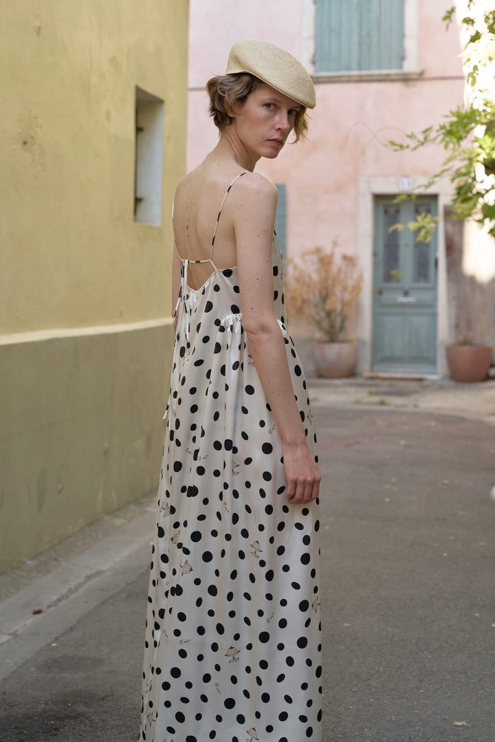 Ivory Polka Dot Silk Camisole Maxi Dress | Vacation Ready