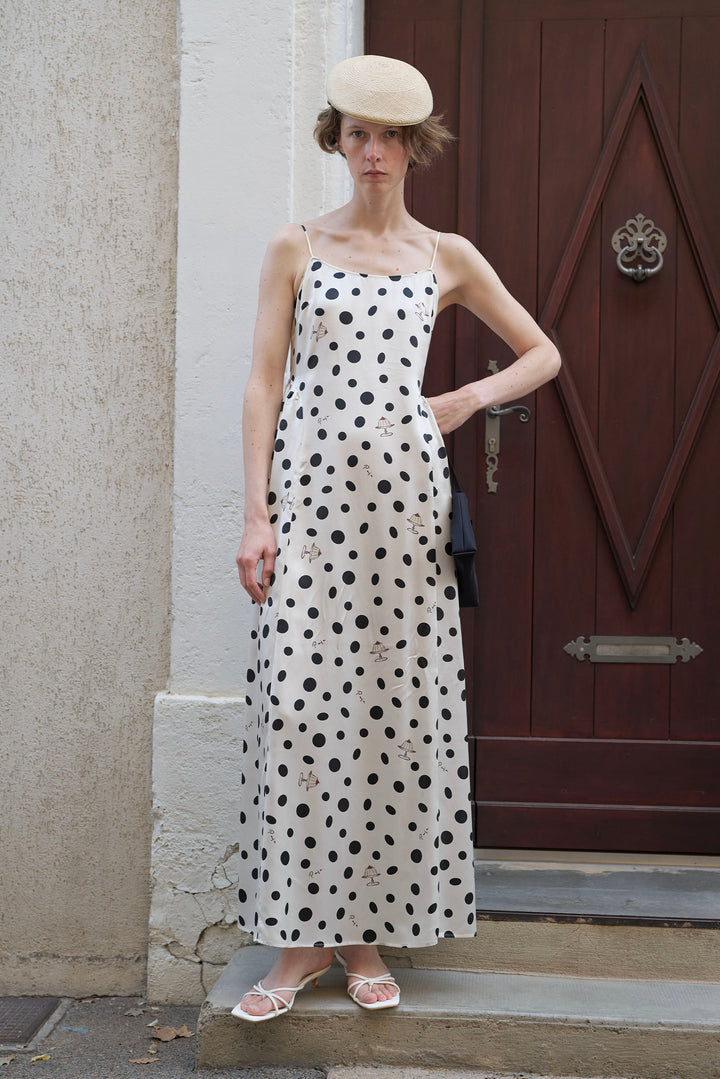Ivory Polka Dot Silk Camisole Maxi Dress | Vacation Ready