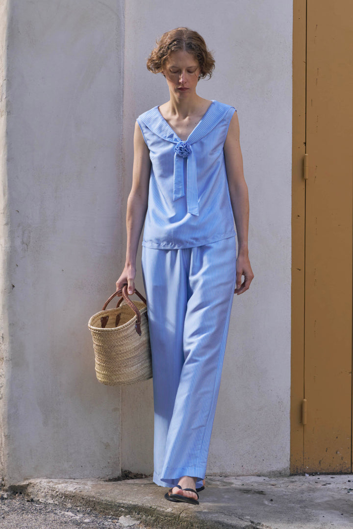 PAJA Out After Brunch Mulberry Silk Striped Wide-Leg Pants