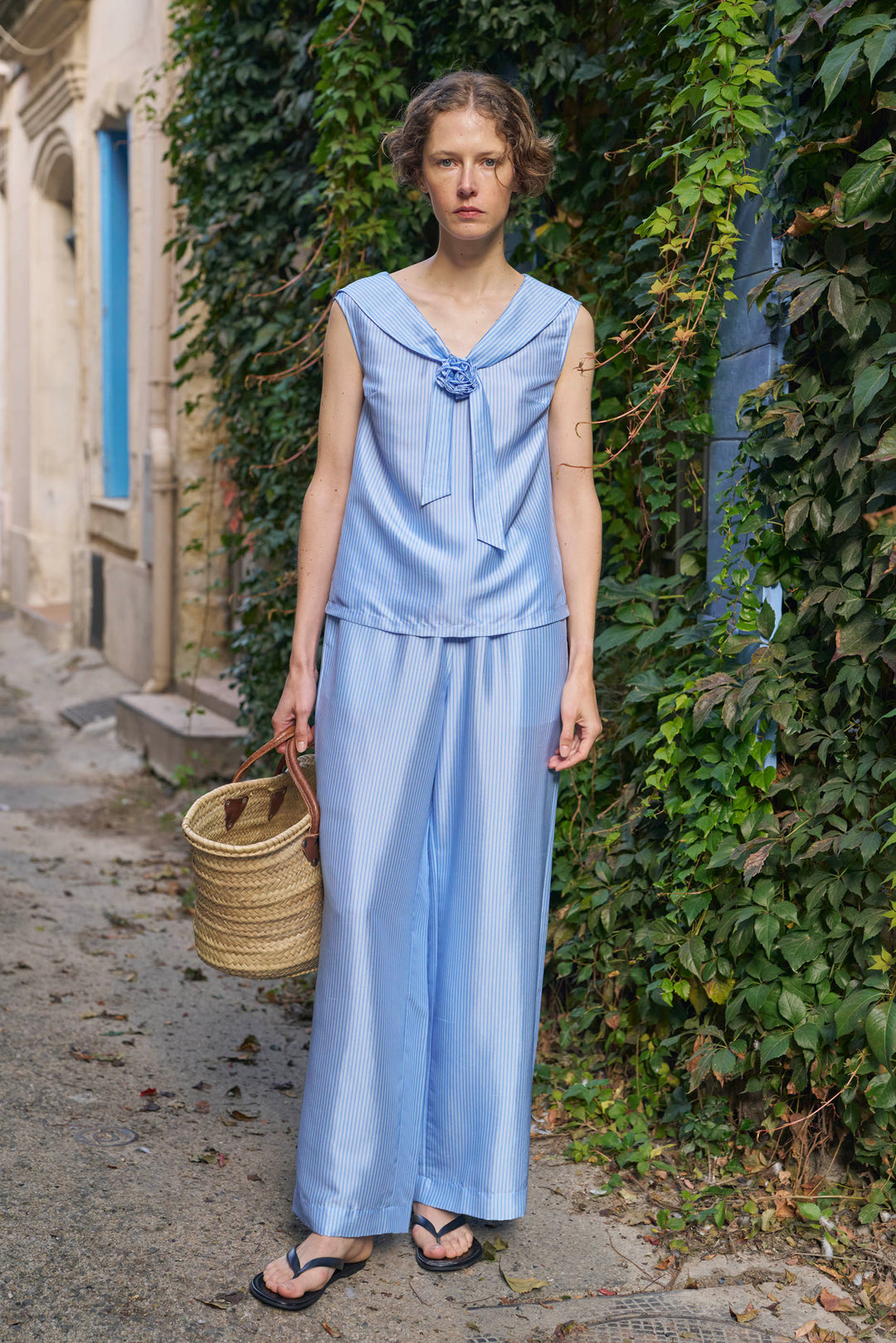 PAJA Out After Brunch Mulberry Silk Striped Wide-Leg Pants