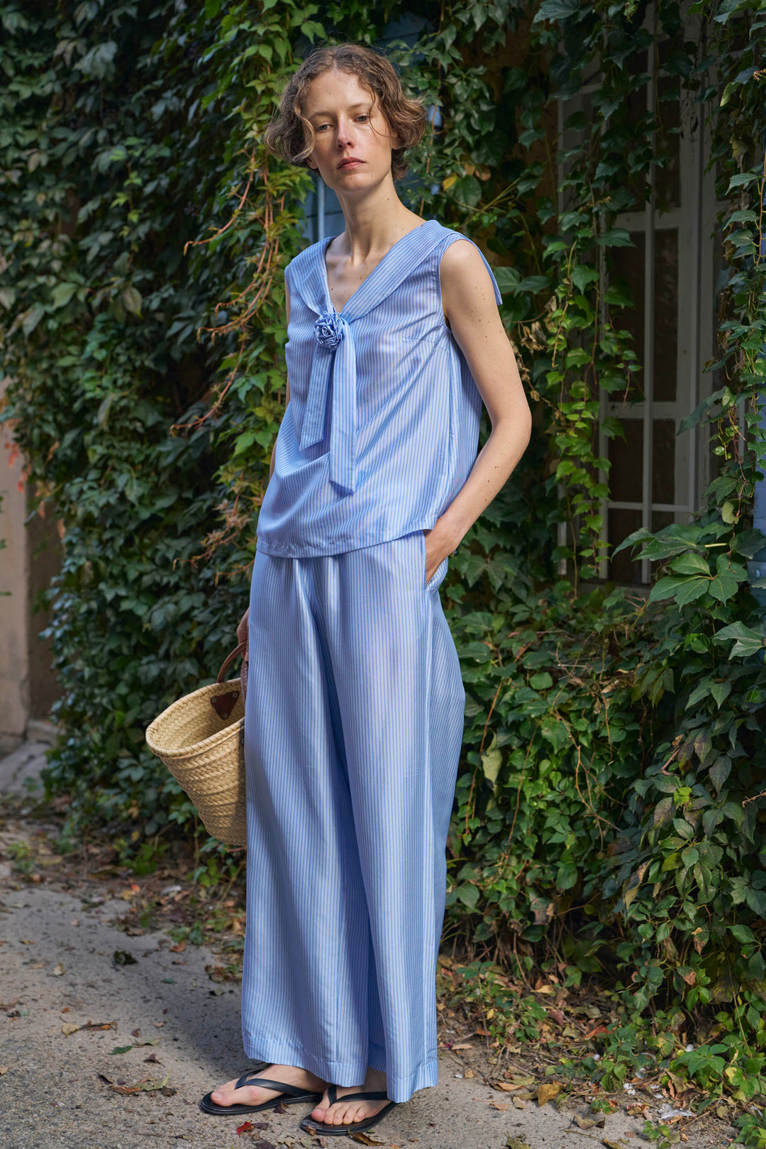 PAJA Out After Brunch Mulberry Silk Striped Wide-Leg Pants
