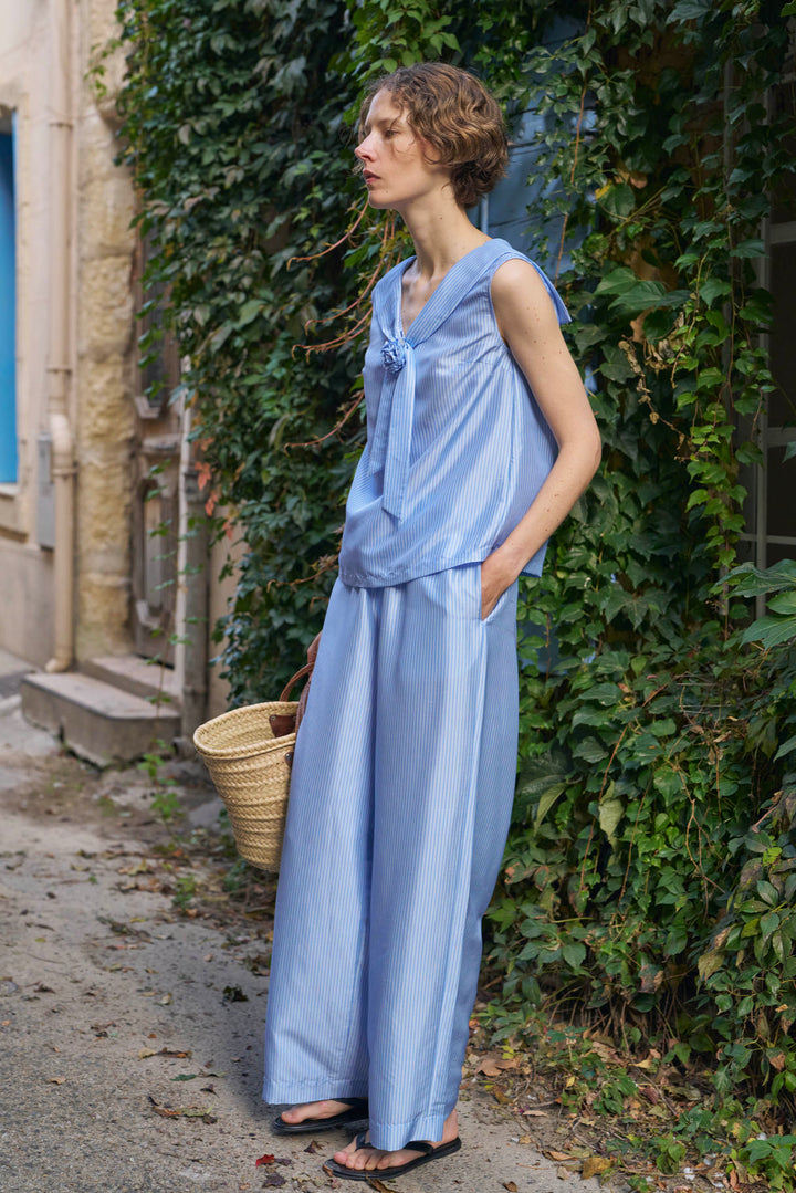 PAJA Out After Brunch Mulberry Silk Striped Wide-Leg Pants